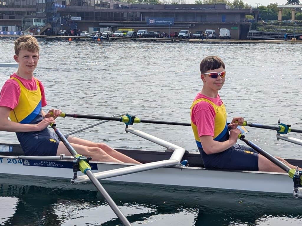 Peterborough City Rowing Club’s George Dennis and Matas Lebed before racing for the Eastern Region in the time trial for the Junior Inter Regional Regatta 2025 boys under 15 double sculls.