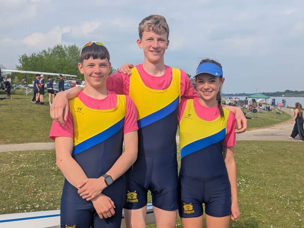 Peterborough City’s Eastern Region selected athletes at the Junior Inter Regional Regatta 2025. From left: Matas Lebed, George Dennis, Bea Gregory.